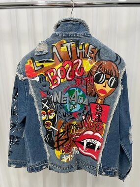 Blue Denim Jean Jacket with Colorful Graffiti Back